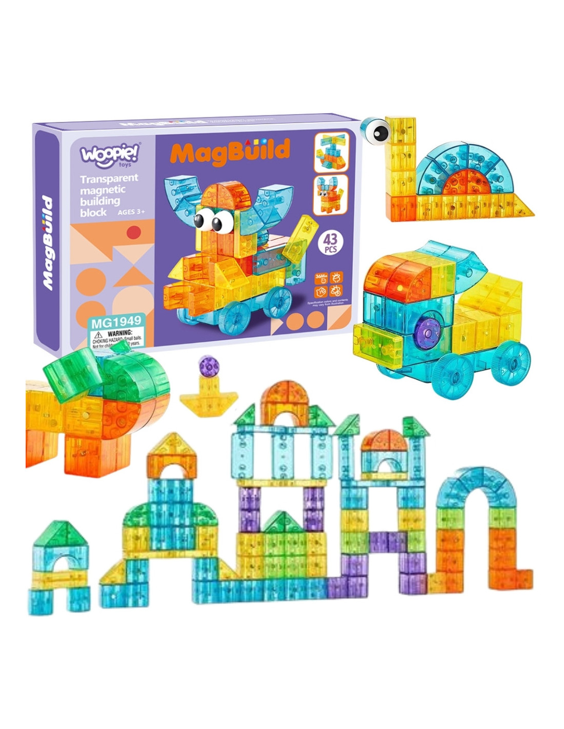 WOOPIE 55884 Klocki magnetyczne przeźroczyste 43 el.