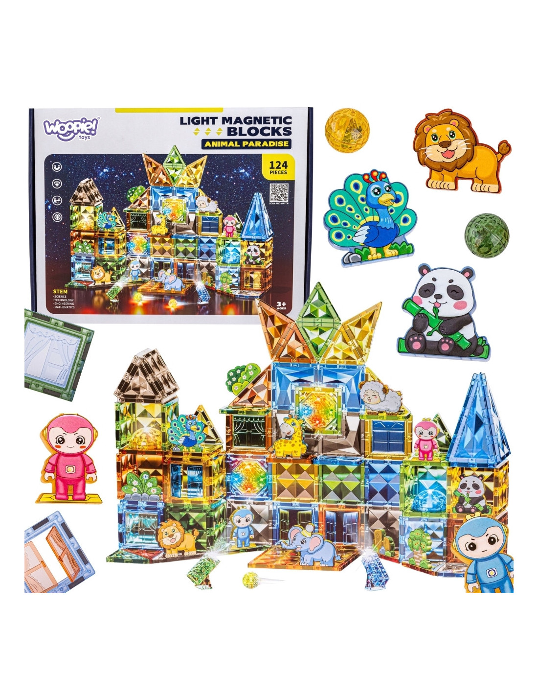 WOOPIE 55938 Klocki magnetyczne Świat zwierząt 124 el.