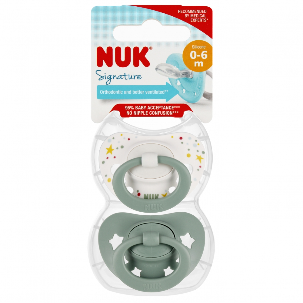 NUK 730617 Smoczek uspokajający 2 el. 0-6m SIGNATURE biały/zielony