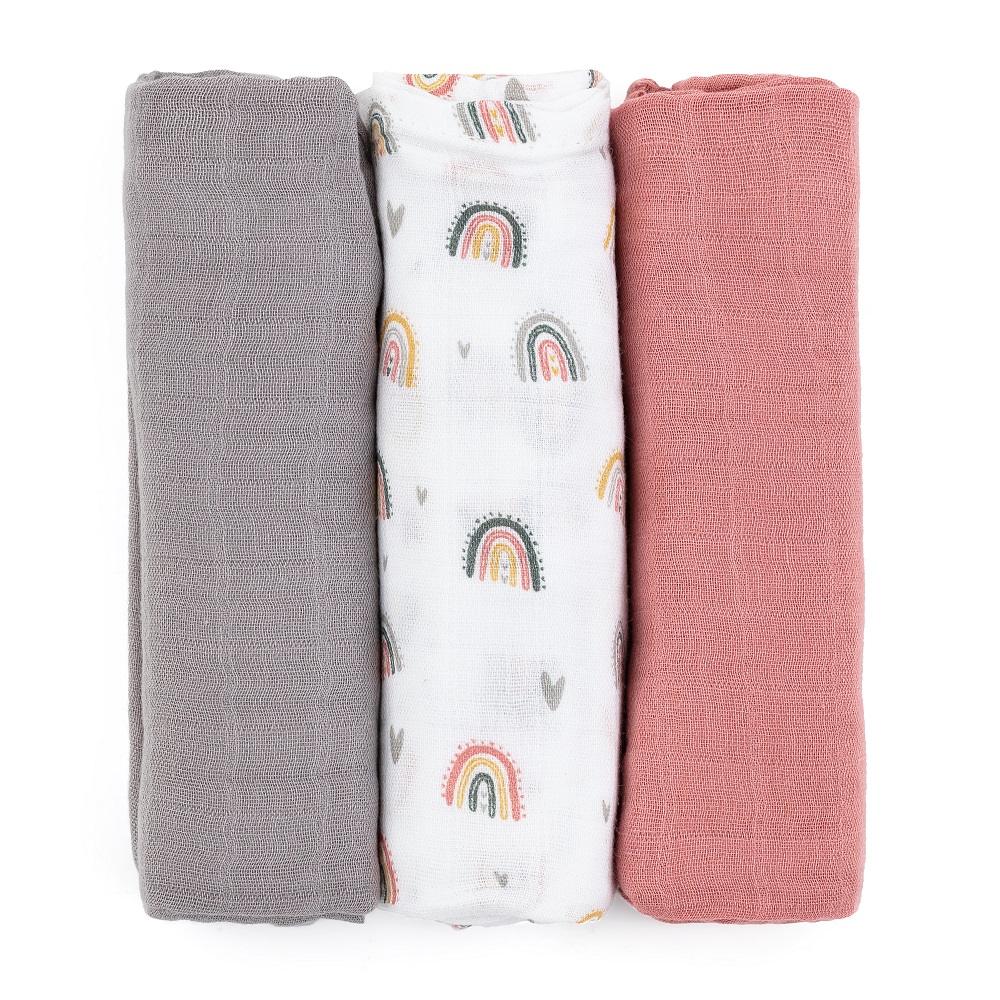 PETITE&MARS 415362 Zestaw pieluszek z muślinu bambusowego 3 szt 68x68 cm Rose Rainbows
